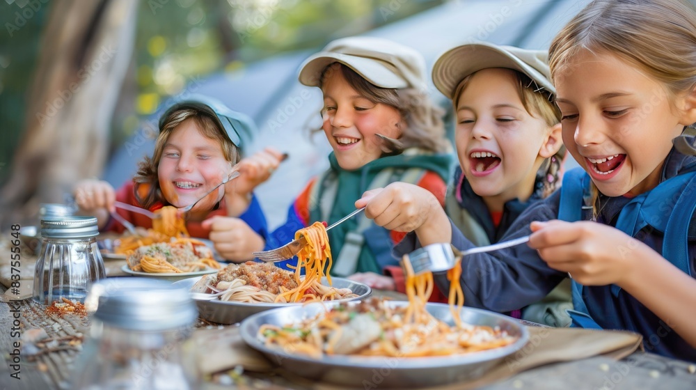 A photo of 4 happy kids at a campsite eating spaghetti out of plates with forks with scouting outfits on AI generated A photo of 4 happy kids at a campsite eating spaghetti out of plates with forks with scouting outfits on AI generated