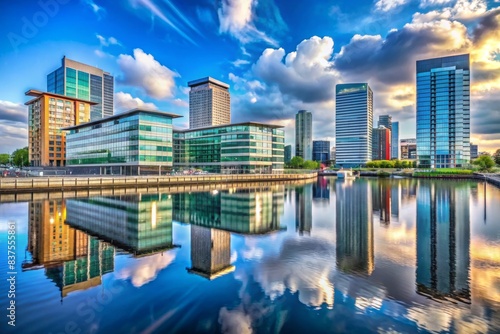 Modern cityscape of Media City Manchester with iconic buildings and waterfront views, Manchester, Media City, architecture, skyline, waterfront, urban, cityscape, modern, buildings photo