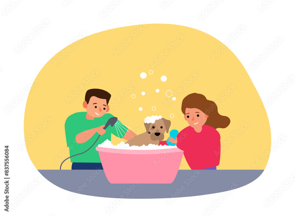 boy and girl washing their dog in bathtub using shower vector illustration