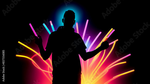 Silhouette of Raver Holding Glow Sticks with Minimal Lighting for Clean Composition