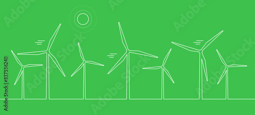 wind turbines windmills farm clean renewable green energy line style vector illustration