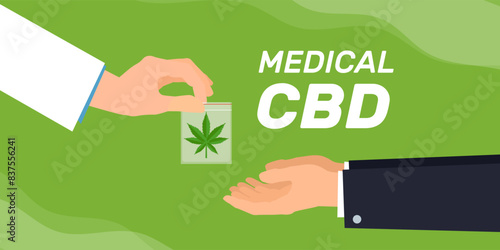 doctor hand gives plastic bag with marijuana hemp cannabis leaf  to patient medical cbd vector illustration