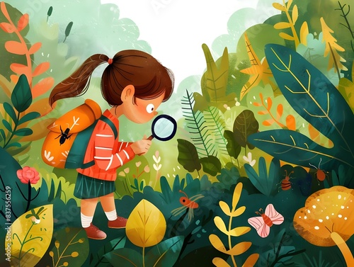 Minimalist Illustration of a Girl With A Backpack and Magnifying Glass Discovering Insects ans Plants in a Vibrant Forest, Simple Cute Drawing Style