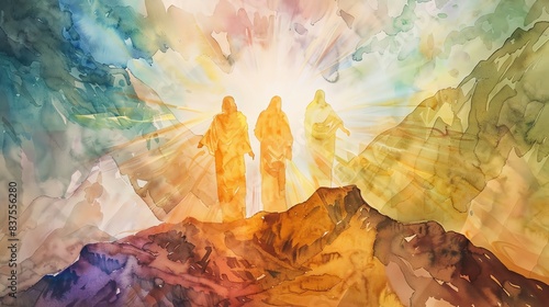 The transfiguration of Jesus, watercolor, pastel earth tones, biblical illustration