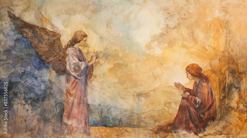 The angel Gabriel visiting Mary, watercolor, pastel earth tones, biblical scene
