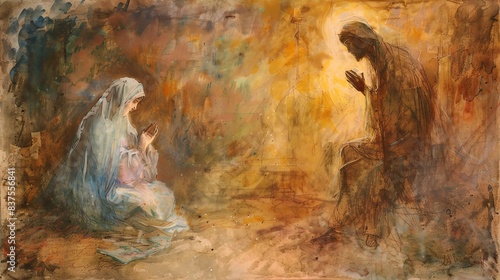 The annunciation to Mary, watercolor, pastel earth tones, biblical scene