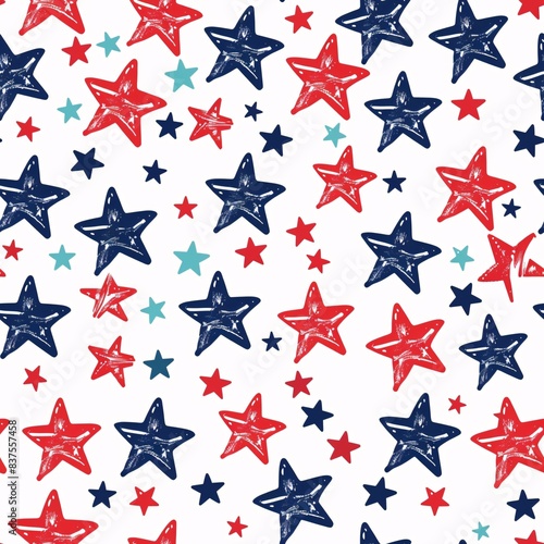 A seamless pattern background with a playful and patriotic design. Cute stars and stripes in red, white, and blue are arranged in a repeating pattern, perfect for an American Independence Day