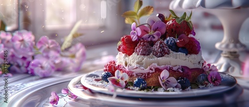 dessert modern cuisine, violet and pink palette, fruit and flowers, sitting on top of a white plate © STOCKYE STUDIO
