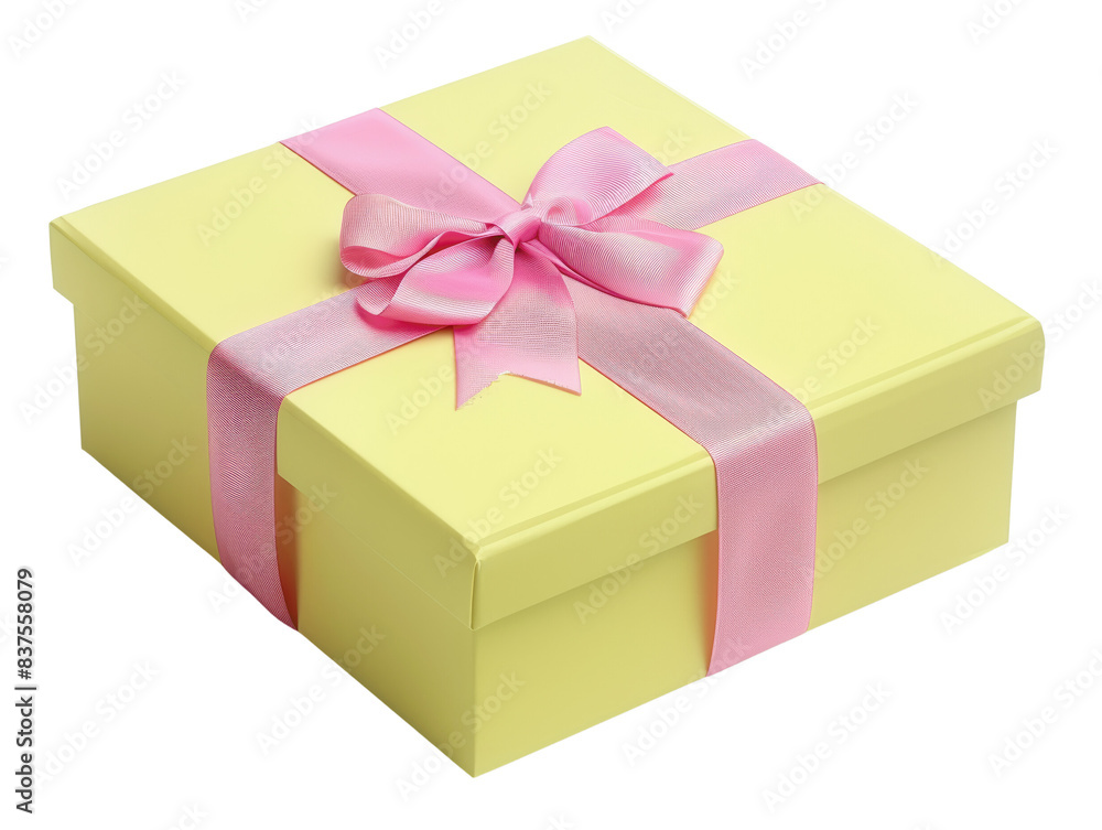 Yellow gift box with a pink ribbon and bow, perfect for celebrations, birthdays, and special occasions. Isolated on a white background. Yellow gift box with a pink ribbon and bow, perfect for celebrations, birthdays, and special occasions. Isolated on a white background.
