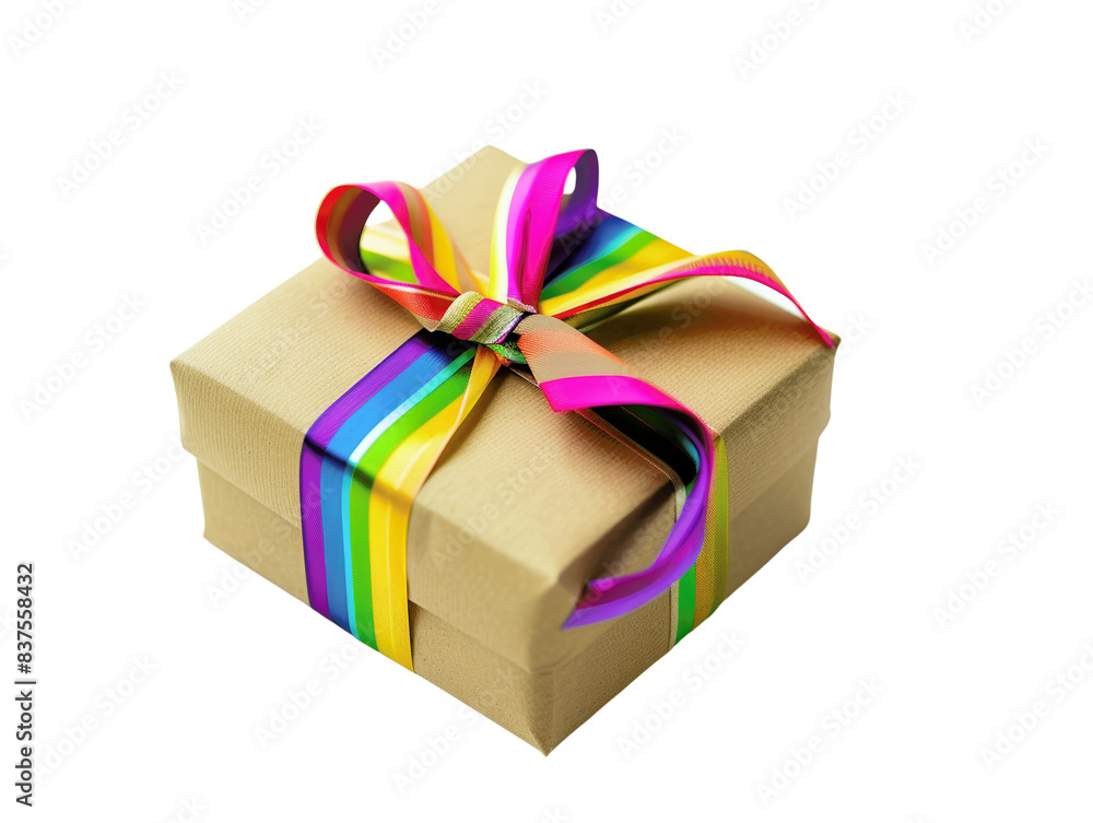 Obraz premium Gift box wrapped in colorful rainbow ribbon, perfect for celebrations, birthdays, and special occasions, offering joy and surprise.
