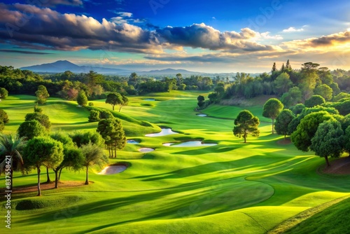 Panoramic view of a lush green golf course   panoramic  view  golf course  green  landscape  nature  fairway  tee  putting green  trees  scenic  outdoor  recreation  leisure  sport  activity
