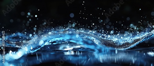 blue wavy glittering stream of water on black background