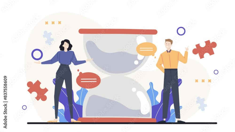 Young man and woman successfully organizing their tasks and appointments. man and woman with hourglass illustration