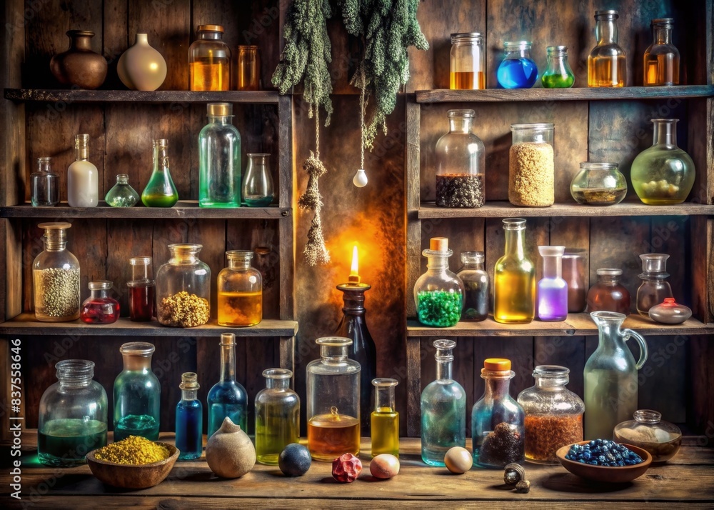 of occult magic magazine and shelf with potions, bottles, poisons, crystals, and salt. Alchemical medicine concept , occult, magic, magazine, shelf, potions, bottles, poisons, crystals