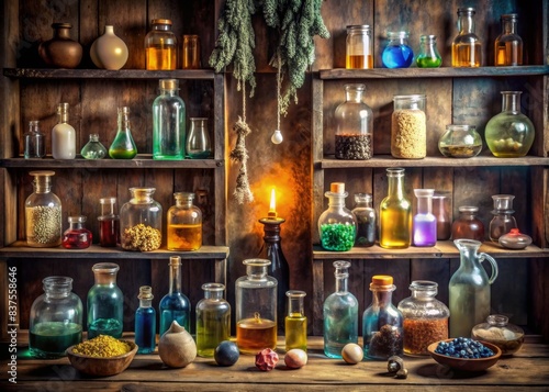 of occult magic magazine and shelf with potions  bottles  poisons  crystals  and salt. Alchemical medicine concept   occult  magic  magazine  shelf  potions  bottles  poisons  crystals