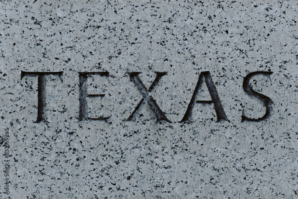 The words Texas engraved in granite stone The words Texas engraved in granite stone