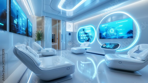 Fototapeta Naklejka Na Ścianę i Meble -  A high-tech office space with futuristic furniture, large touchscreen displays