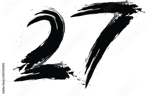 numbers 27 written with a brush vector. 27 Years Anniversary Celebration Vector Template, 27 number logo design, 27th birthday, Black Lettering Numbers brush drawing hand drawn sketch, black number