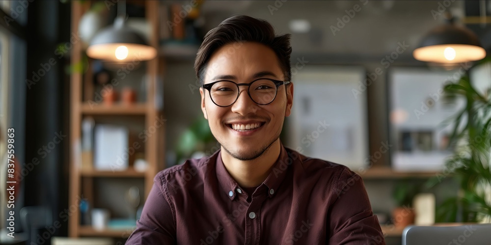 Fototapeta premium A smiling man in glasses sitting at a desk.