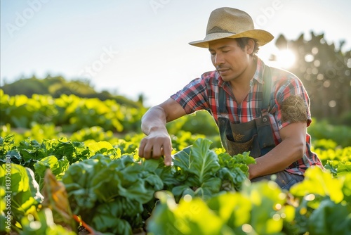 A farmer in a field with lettuce.