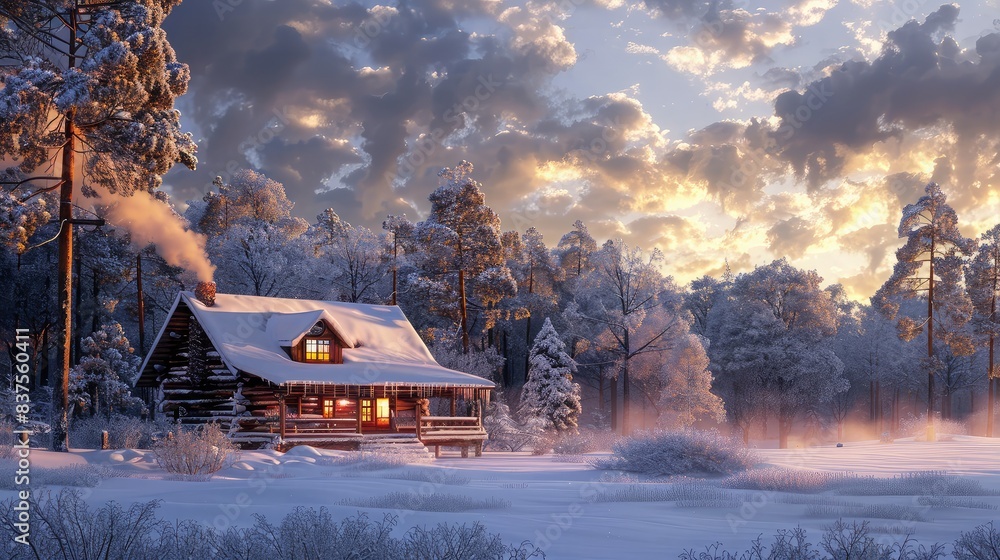 An illustration of a winter cabin nestled in a snowy forest against a mountainous landscape serves as a captivating wallpaper with a natural background. An illustration of a winter cabin nestled in a snowy forest against a mountainous landscape serves as a captivating wallpaper with a natural background.