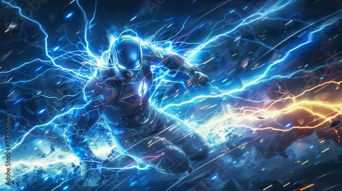 Superhero with the ability to control electricity, in mid-action with electric arcs around them generated by AI