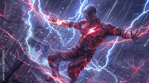 Superhero with the ability to control electricity, in mid-action with electric arcs around them generated by AI