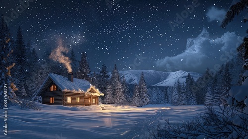 An illustration of a winter cabin nestled in a snowy forest against a mountainous landscape serves as a captivating wallpaper with a natural background. © AliaWindi