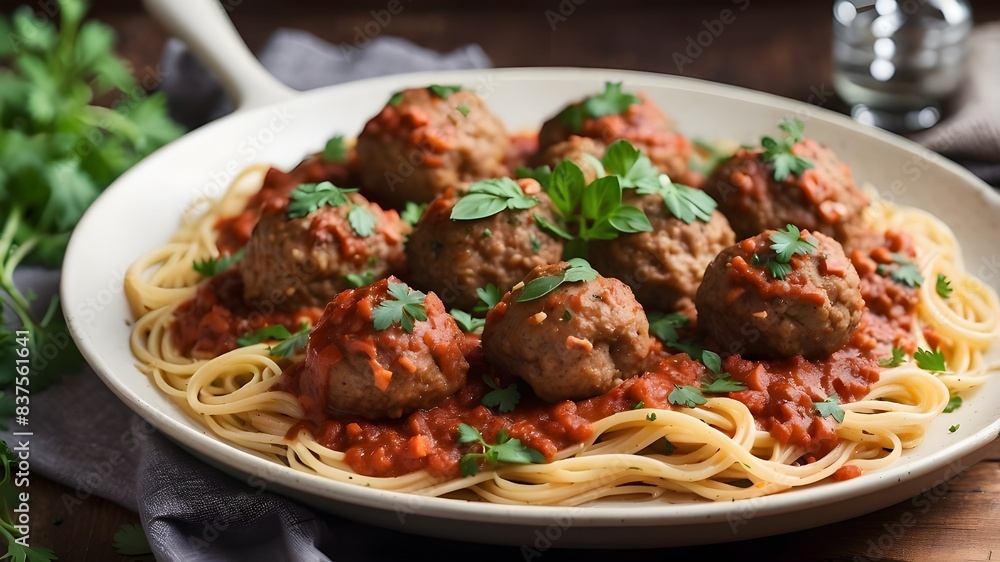 A filling dish of meatballs and spaghetti with a touch of fresh herbs on top. A filling dish of meatballs and spaghetti with a touch of fresh herbs on top.