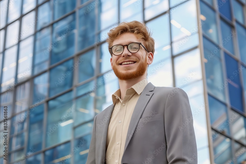 Young businessman in glasses standing in front of a building. Young businessman in glasses standing in front of a building.