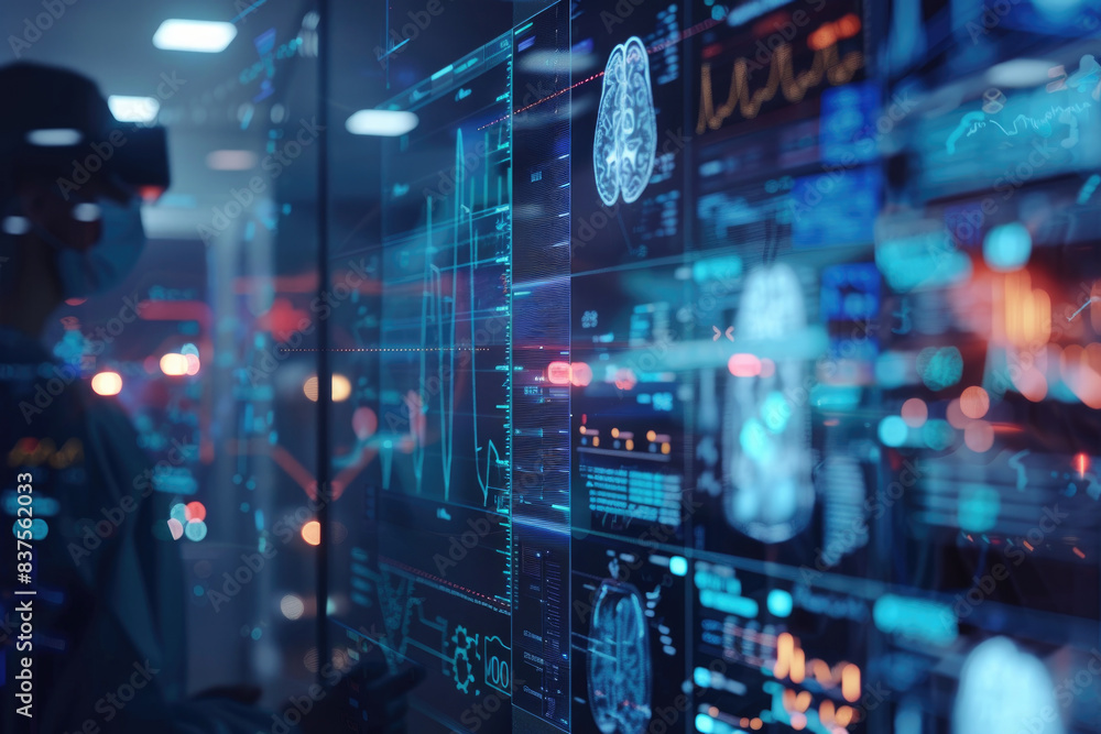 AI technology diagnosing patient data, close up, medical innovation, vibrant, composite, hospital backdrop AI technology diagnosing patient data, close up, medical innovation, vibrant, composite, hospital backdrop