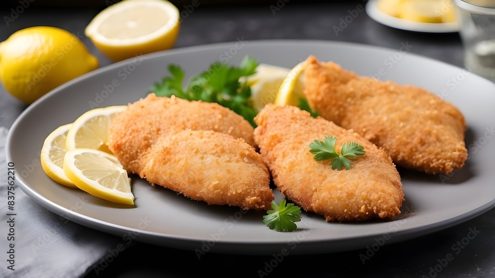 Presentation of Spanish Breaded Chicken with Parmesan Fillets and Lemon Slices Presentation of Spanish Breaded Chicken with Parmesan Fillets and Lemon Slices