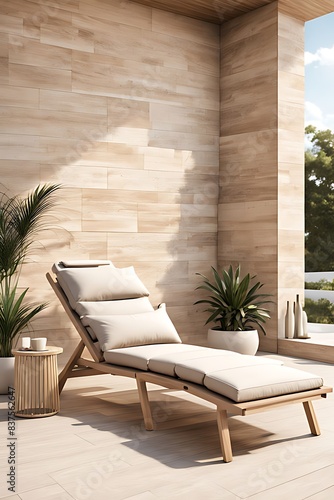 Luxury Patio Terrace with Lounger Deck Chairs and Travertine Wall - Modern Outdoor Design  