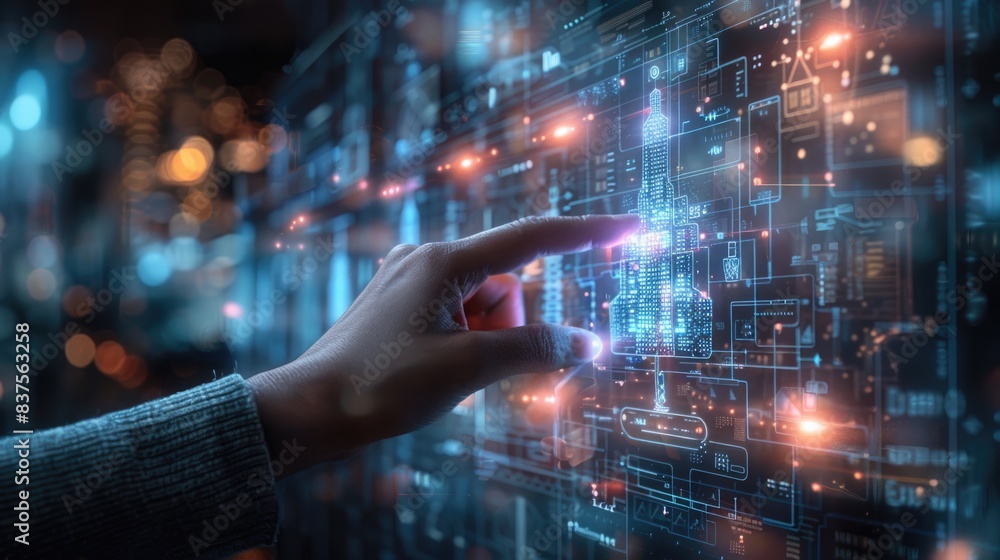 Hand pointing at digital virtual reality modern commercial building hologram on a futuristic HUD background Hand pointing at digital virtual reality modern commercial building hologram on a futuristic HUD background