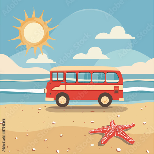 A red bus on the beach, sea star, simple flat design style with vector illustrations and highend quality