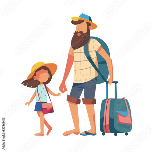 cartoon-style father with a beard and his daughter, both wearing backpacks