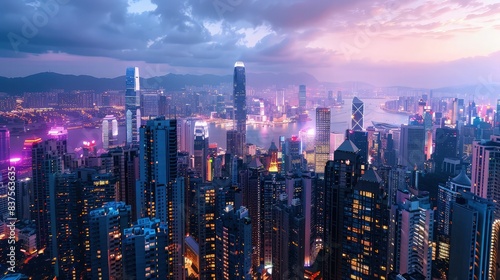 Modern metropolitan skyline at dusk with illuminated skyscrapers and vibrant purple clouds serves as a professional background for corporate web headers.