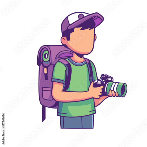 cartoonstyle sticker of an adventurous young boy while holding up his camera