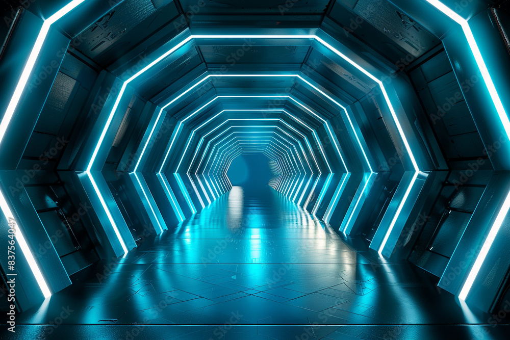 Hexagonal tunnel, Glow light blue beam. Hexagonal tunnel, Glow light blue beam.