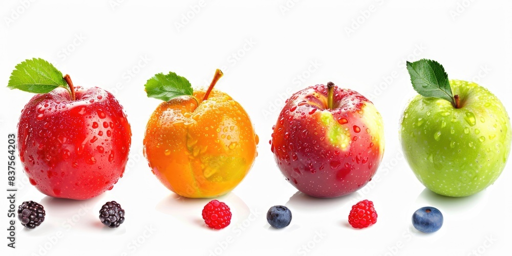 Fruits. Ripe and Appetising Collection of Apple, Berries on White Background Fruits. Ripe and Appetising Collection of Apple, Berries on White Background