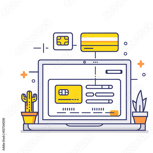 simple flat illustration of an online payment process is featured, using lines and shapes to represent a credit card
