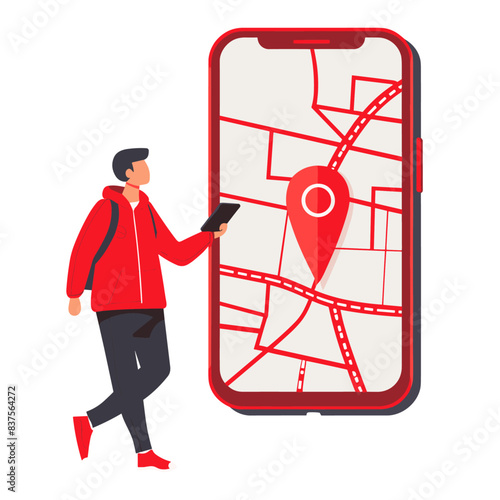 red and white vector icon of a person standing next to their phone with a location pin on it
