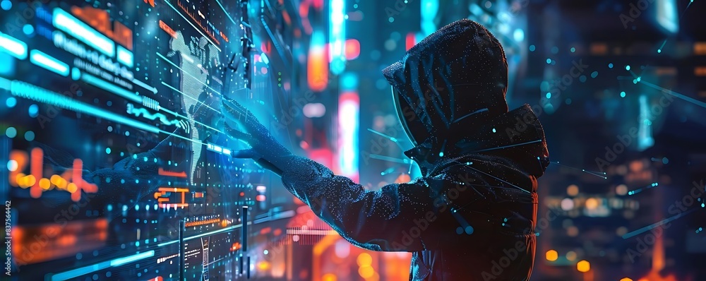 a person wearing a blue and black glove stands in front of a computer screen, with a black and blue arm visible in the foreground a person wearing a blue and black glove stands in front of a computer screen, with a black and blue arm visible in the foreground