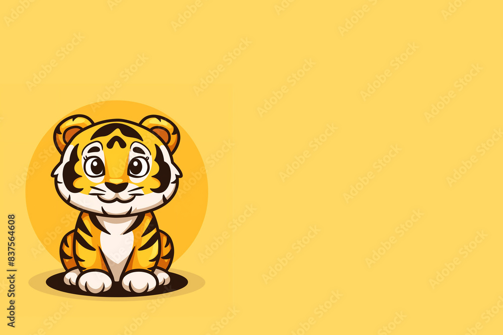 logo illustration vectorielle d'un bébé tigre du Bengale devant un énorme soleil jaune, sur un fond jaune avec espace négatif copyspace. Zoo, animalerie, raid, sport de combat pour enfant, safari logo illustration vectorielle d'un bébé tigre du Bengale devant un énorme soleil jaune, sur un fond jaune avec espace négatif copyspace. Zoo, animalerie, raid, sport de combat pour enfant, safari