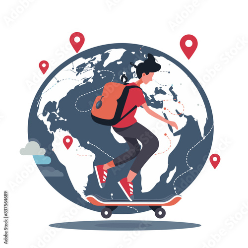 teenager skateboards around the globe, surrounded by location pins and global network connections