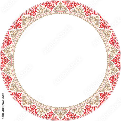Round red and gold Frame, workpiece for your design. Kazakh national ornament. Ethnic  Ornamental elements and motifs of Kazakh, Kyrgyz, Uzbek, Mongols,Buryats national Asian decor for plate, textile 
