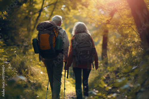 Elderly Caucasian couple hiking in a sunlit forest, enjoying nature and each other's company in the great outdoors.