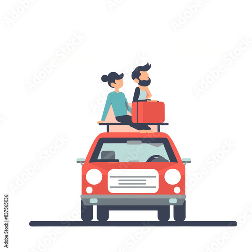 A red SUV with luggage on the roof rack, two people sitting in it and driving away in the style of a vector illustration