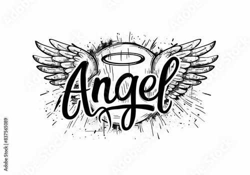 Texte en anglais "Angel" ange, surmonté des ailes d'un ange avec son auréole. Sur fond blanc - style tatouage noir sur blanc 