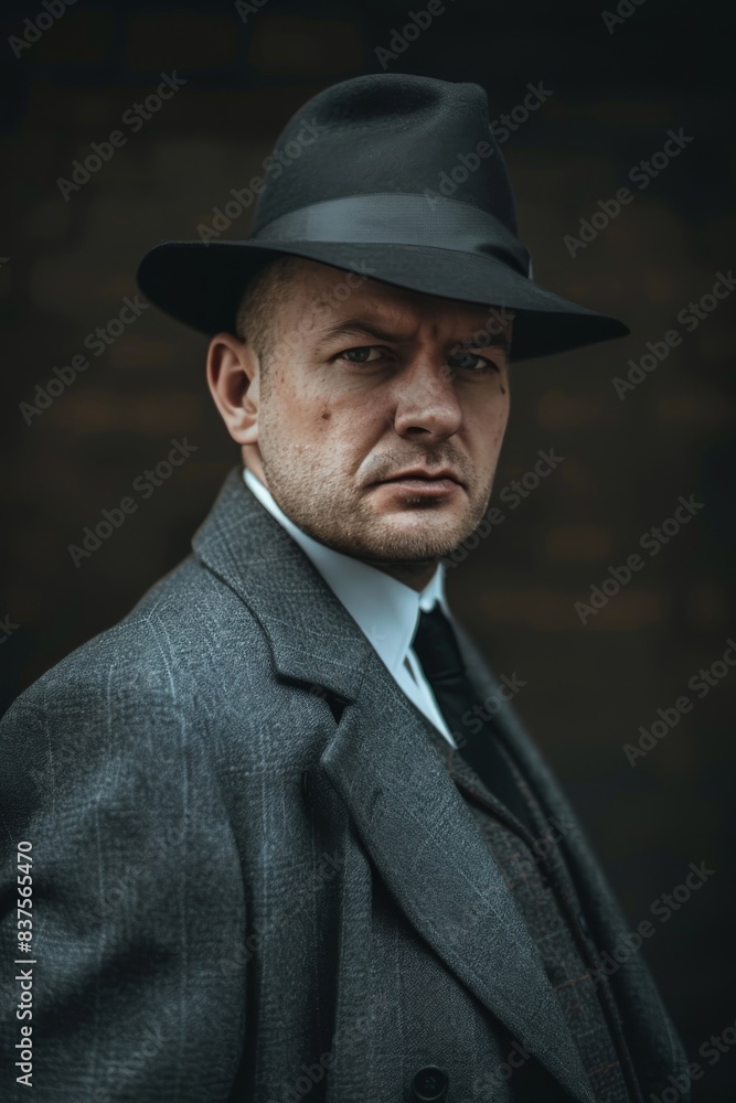 A portrait of a man in a classic 1920s gangster suit and fedora, looking pensive